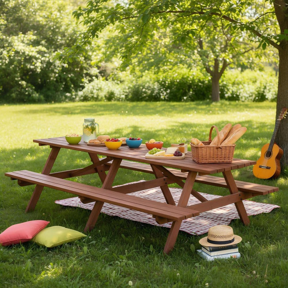 94.5 in. Brown Rectangle Wood Picnic Table Seats 10-People with