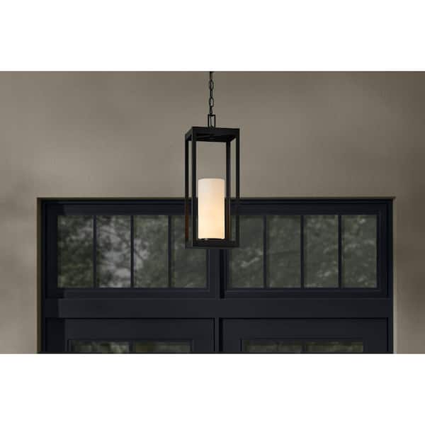 Racine 19.5 in. 1-Light Black Hanging Outdoor Hanging Light Pendant Light with White Opal Glass