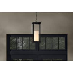 Racine 19.5 in. 1-Light Black Hanging Outdoor Pendant Light Fixture with White Opal Glass