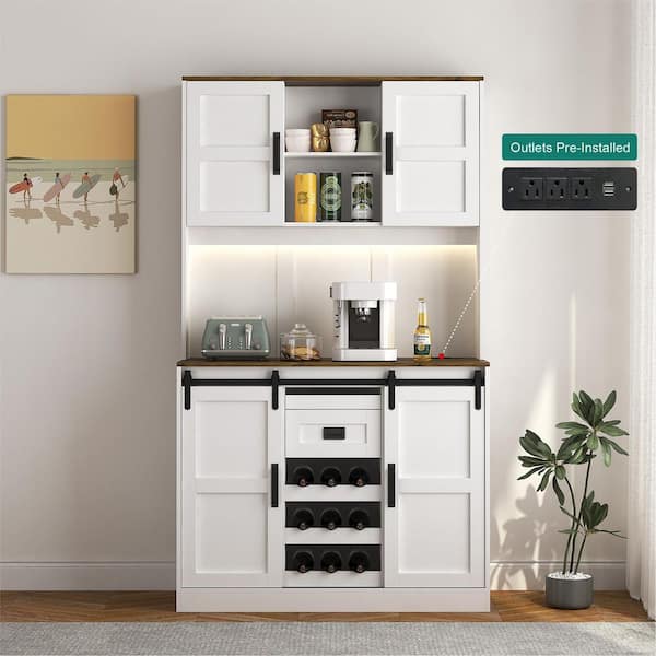 White and Rustic Wood Finish Pantry Organizer with Adjustable Shelves;Removable Shelves