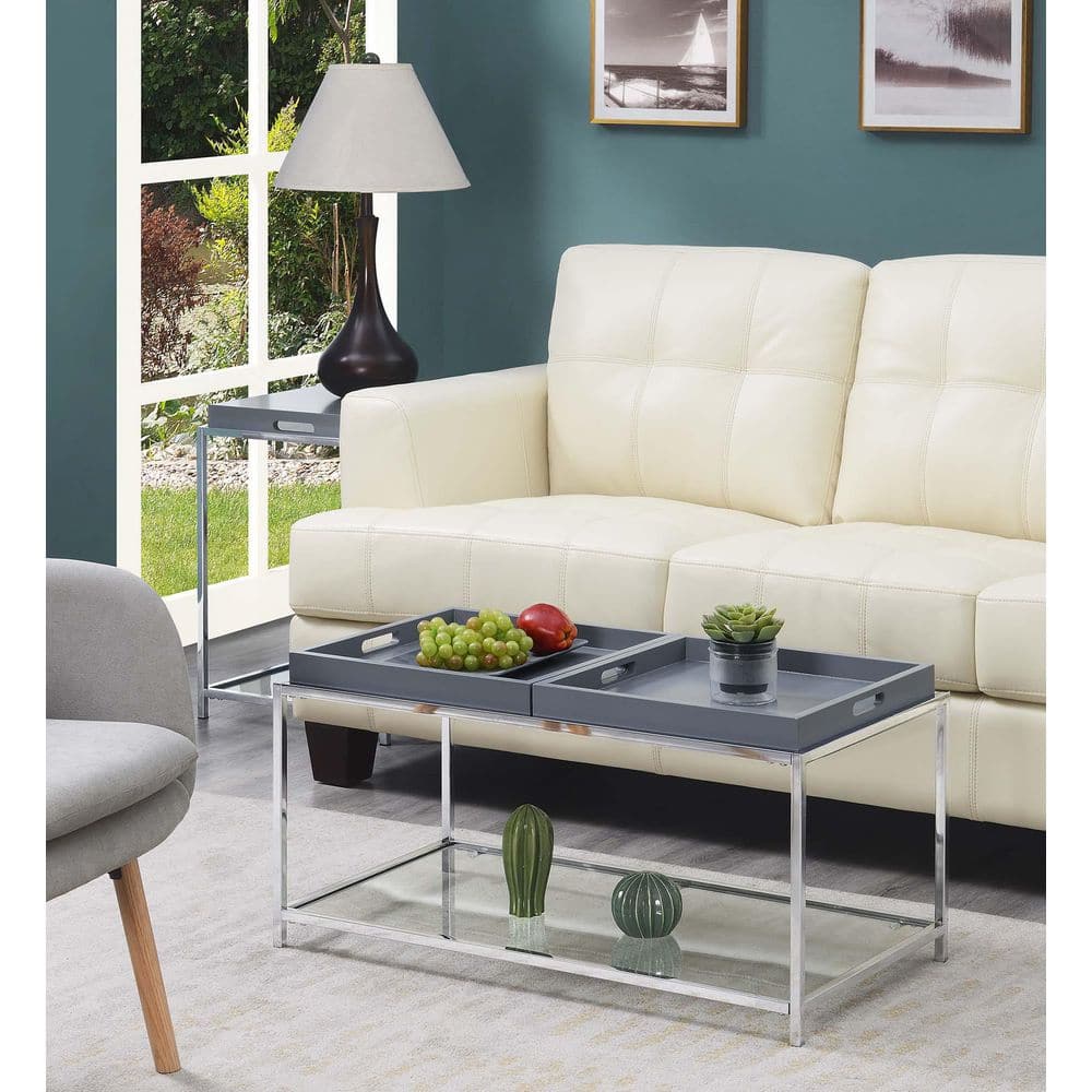 Palm Beach Gray Glass and Chrome Coffee Table with Trays