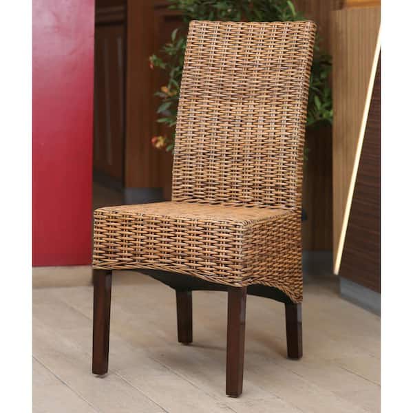 Java Solid Wood No assembly Mahogany and Rattan Weave Parsons Chair (Set of 2)