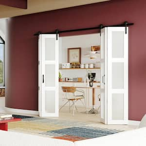 72 in. x 84 in. (36 x 2) 3-Lite Frosted Glass Bi-Fold Door Finished with Sliding Hardware Kit, MDF White Barn Door Slab.