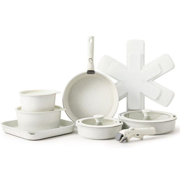 17 Piece White Granite Aluminum Nonstick Microwaveable Cookware Set with Removable Handles Induction Pots and Pans