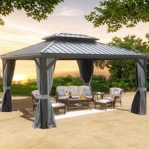 Residential 12 ft. x 10 ft. Black Aluminum Patio Gazebo with Curtain Galvanized Steel Double Roof Gazebo