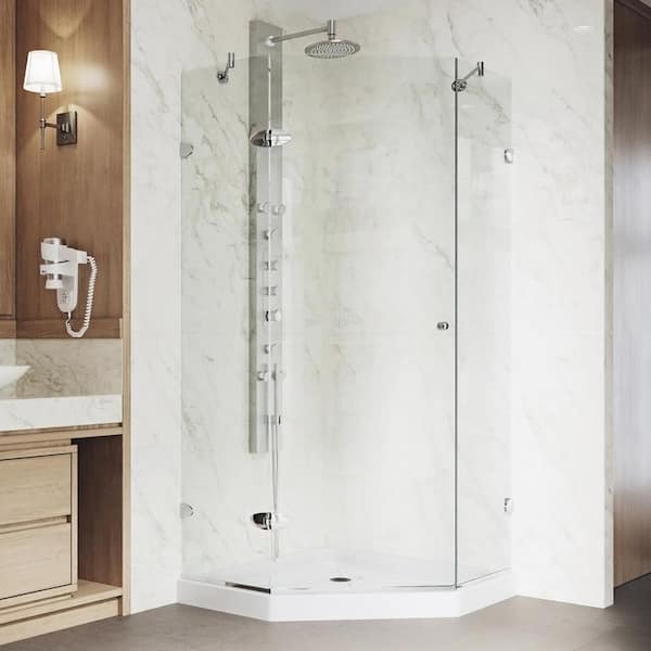 VIGO Verona 36 in. L x 36 in. W x 77 in. H Frameless Pivot Neo-angle Shower Enclosure Kit in Chrome with 3/8 in. Clear Glass