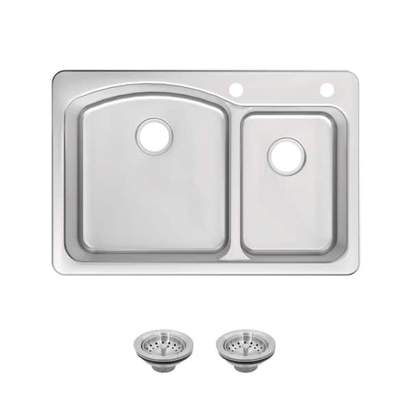 Pro 33 in. Drop-In / Under Mount Double Bowl 18 Gauge Stainless Steel Kitchen Sink with Stainers