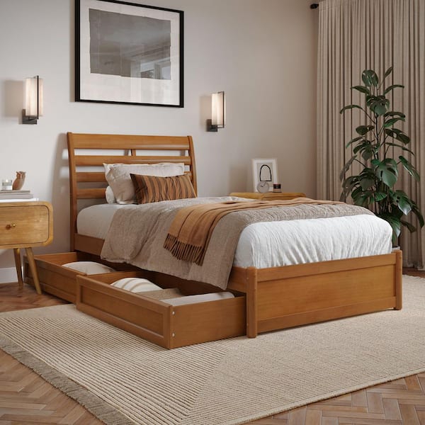 AFI Emelie Light Toffee Natural Bronze Solid Wood Frame Twin XL Platform Bed with Panel Footboard and Storage Drawers