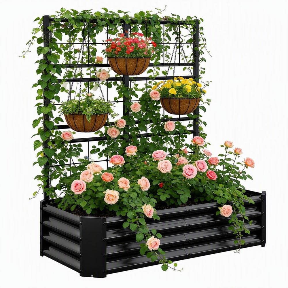 Galvanized Steel Raised Garden Bed with Arch Trellis for Climbing Vegetables, 4x2x1 ft Outdoor Planter Box in Black