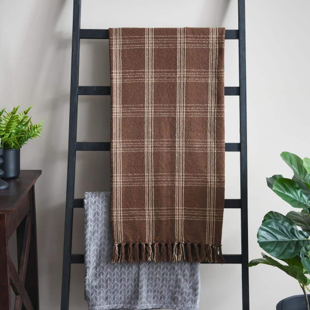 Brown Plaid Recycled Cotton Blend Throw Blanket with Fringe