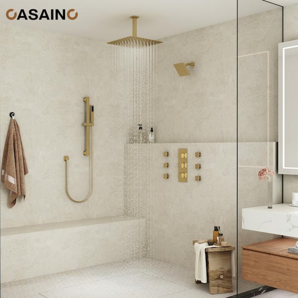 4 Function Single Handle 1-Spray Thermostatic Shower Faucet 1.8 GPM with Body Spray in. Brushed Gold