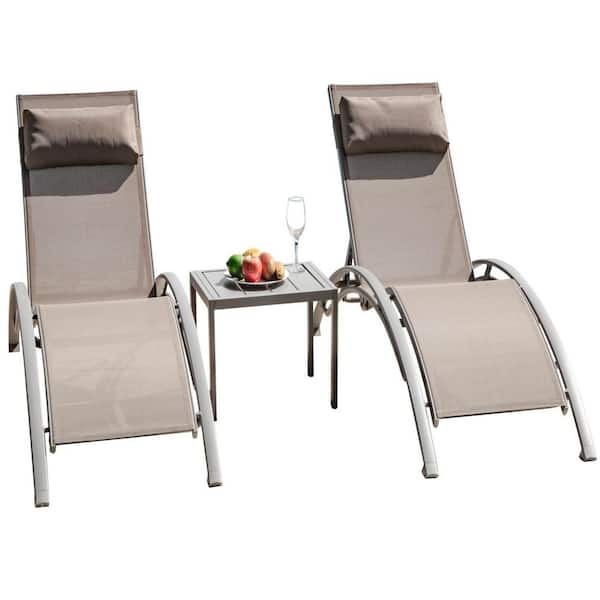 ToolCat Adjustable Pool Lounge Chair Aluminum Outdoor Lounge Chairs with Metal Side Table All Weather in Khaki Set of 3