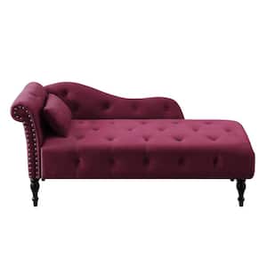 60.6 in. Burgundy Velvet Chaise Lounge Buttons Tufted Nailhead Trimmed Eucalyptus Wood Legs with 1-Pillow