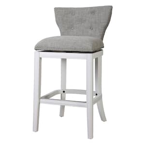 Stella 31in. Wood Bar-Height Swivel Bar Stool with Back, White with Gray Upholstery