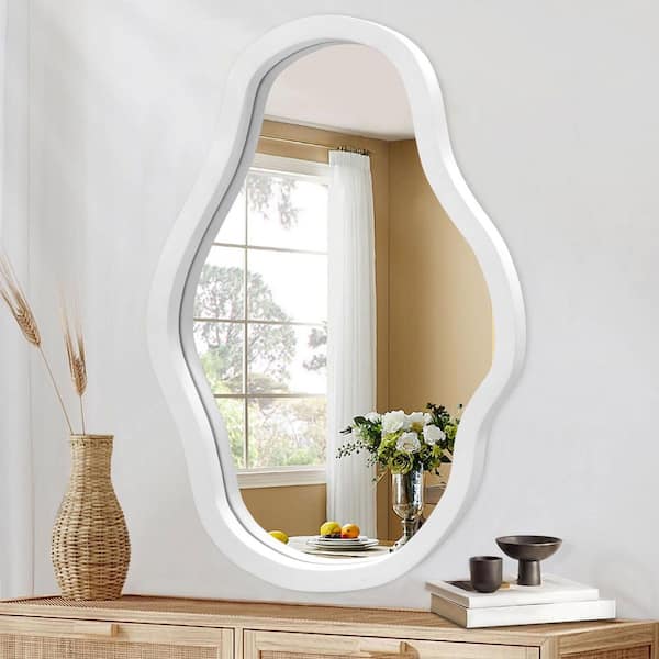 20 in. W x 28 in. H White Irregular Solid Wood Frame Wall Mirror Art Decorative Mirror
