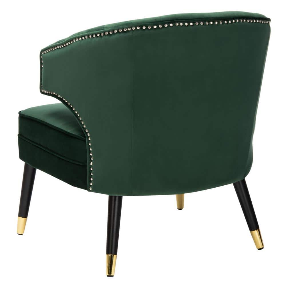 Transitional Forest Green Velvet Barrel Accent Chair with Black Wood Legs