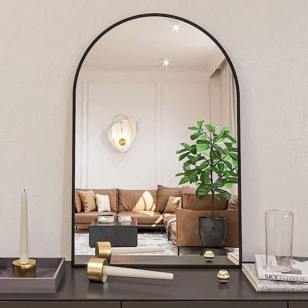 24 in. W x 36 in. H Classic Arch Top Black Metal Framed Wall Mirror