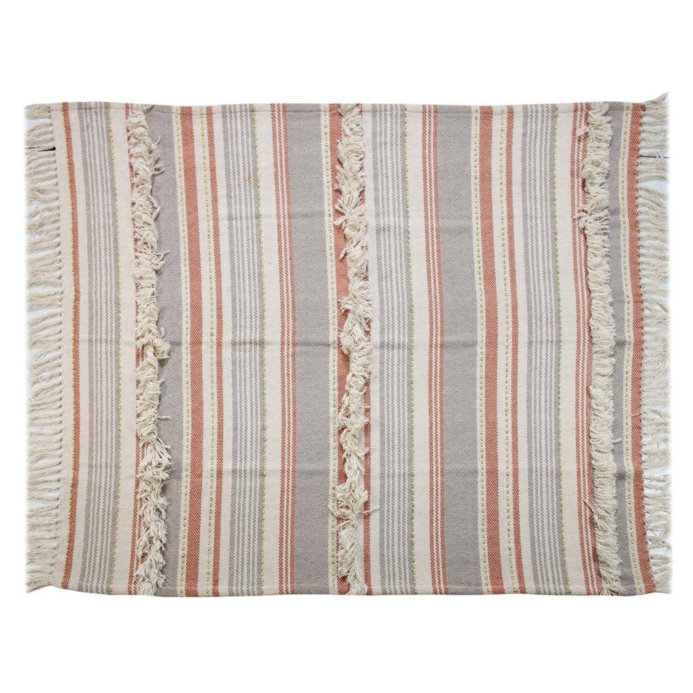 Rust and Gray Striped Cotton Knitted Throw Blanket