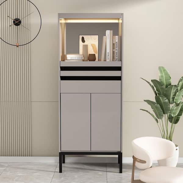 FUFU&GAGA Gray Kitchen Buffet with Hutch Pantry Cabinet With LED Light, Mirror and Adjustable Shelves