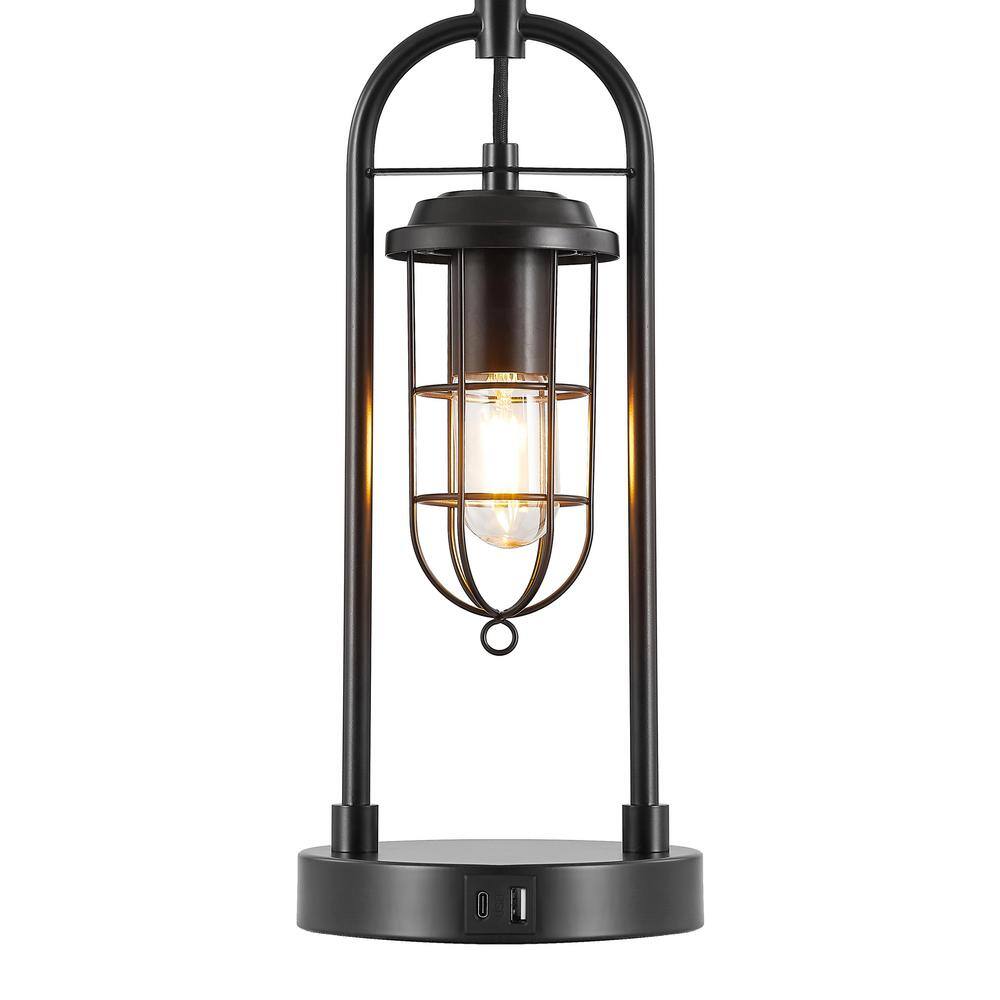 26" Bronze Industrial Table Lamps with USB Ports and Fabric Shades, Set of 2