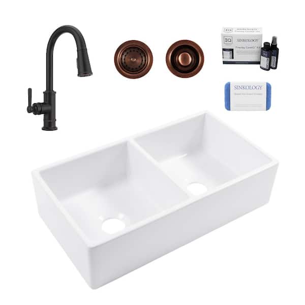 Turner 33 in. Farmhouse Apron Front Undermount Double Bowl Crisp White Fireclay Kitchen Sink with Bronze Faucet Kit