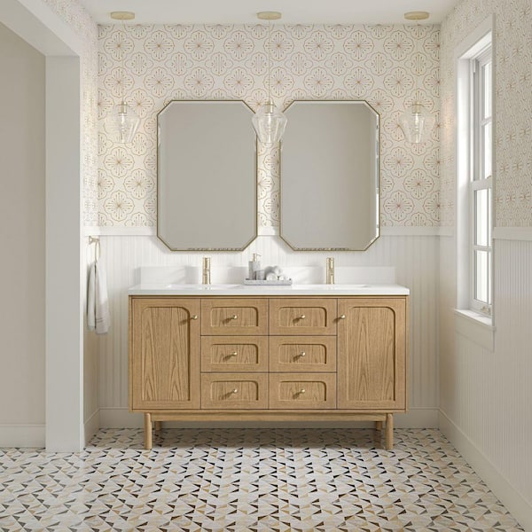 Laurent 60.0 in. W x 23.5 in. D x 34.13 in. H Double Bath Vanity in Light Natural Oak with White Zeus Top