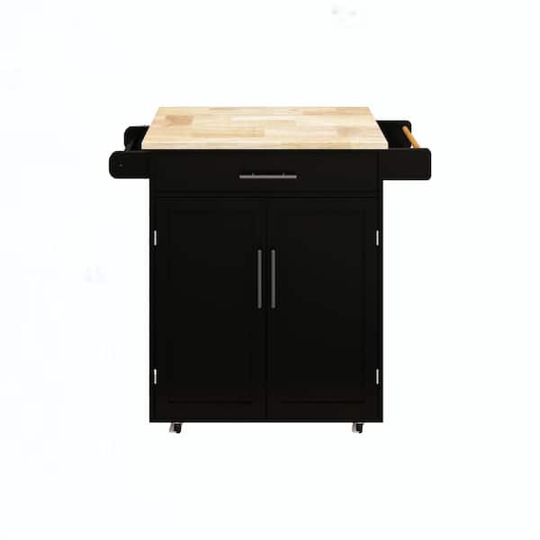 Cesicia Black Rubber Wood Tabletop 36.61 in. Kitchen Island on 4 Wheels with Storage Racks, 1 Drawer and Towel Rack