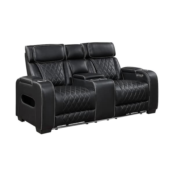 Clumber 73.5 in. W Black Pillow Top Faux Leather 2-Seater Power Double Reclining Loveseat with Center Console