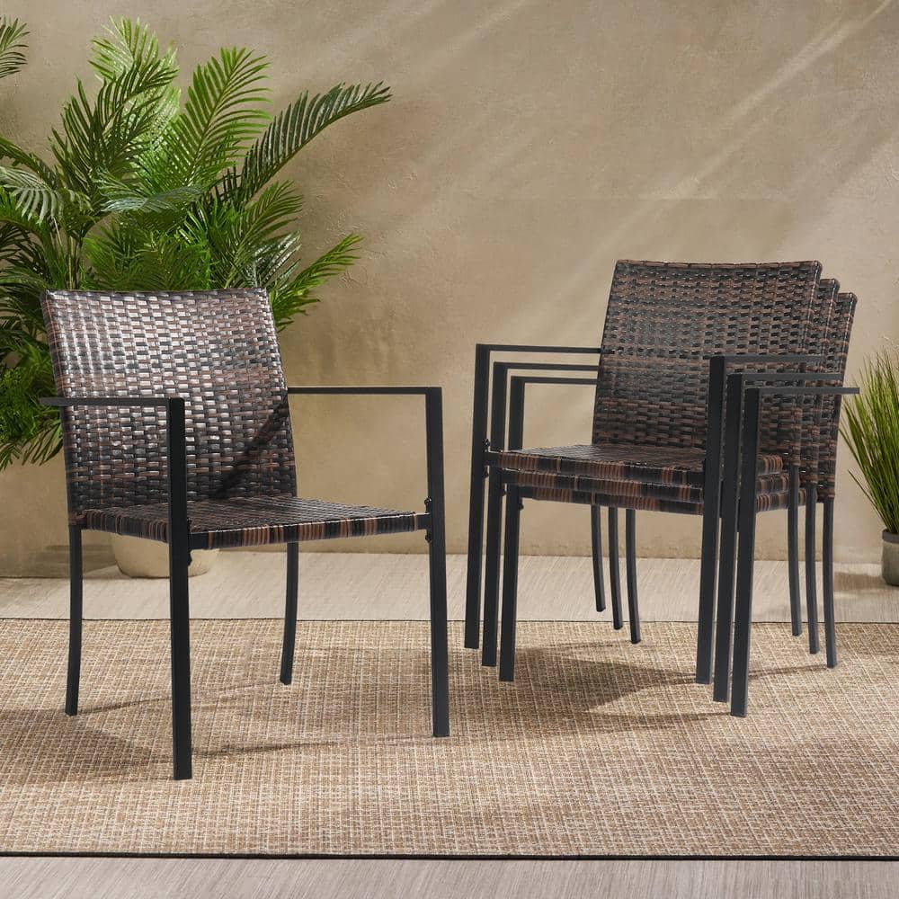 Brown Wicker and Metal Outdoor Dining Armchair Set