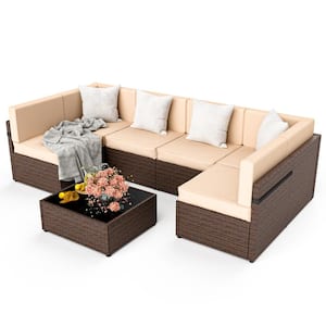 Brown 7-Piece Wicker Outdoor Sectional Set with Coffee Table and Beige Cushions