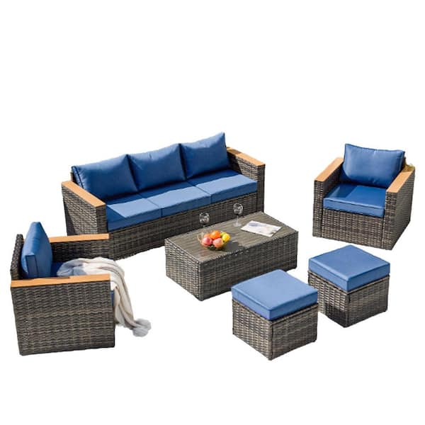 Sudzendf 6-Pieces Outdoor Wicker Sofa Set, Patio Furniture sofa set, with Blue Cushions