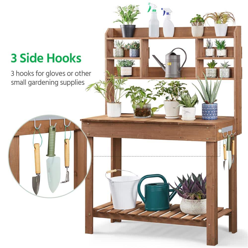 Brown Firwood Potting Bench Table with Display Rack and Storage Shelf