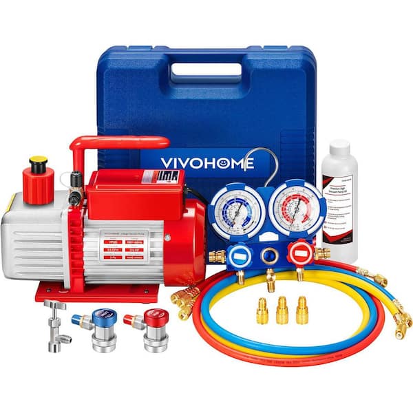 110-Volt 1/4 HP 3.5 CFM Single Stage Rotary Vane Red Air Vacuum Pump Kit with AC Manifold Gauge