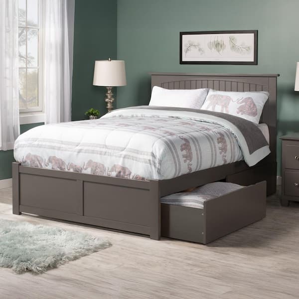 AFI Nantucket Grey Full Solid Wood Storage Platform Bed with Flat Panel Foot Board and 2 Bed Drawers