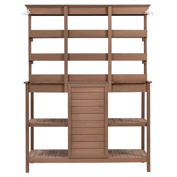 Unbranded 66 in. Large Outdoor Wooden Potting Bench, Garden Cabinet Workbench with 2-Drawers for Backyard, Foyer, Brown