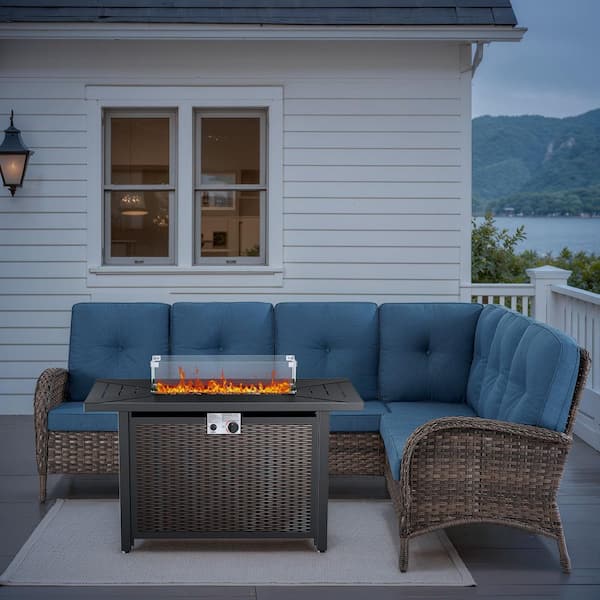 Carlos 3-Piece Wicker Patio Conversation Set with Fire Pit Table, 6-Seat Outdoor Sectional Sofa Set with Blue Cushions