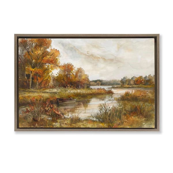 Stupell Industries Fall Scenic River Boat by LSR Design Studio Brown Floater Frame Nature Graphic Art Print 21 in. x 31 in.