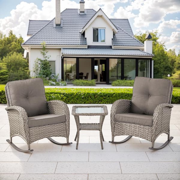 moosprr Gray 3-Piece Wicker Outdoor Rocking Chair with Gray Cushions and Side Table