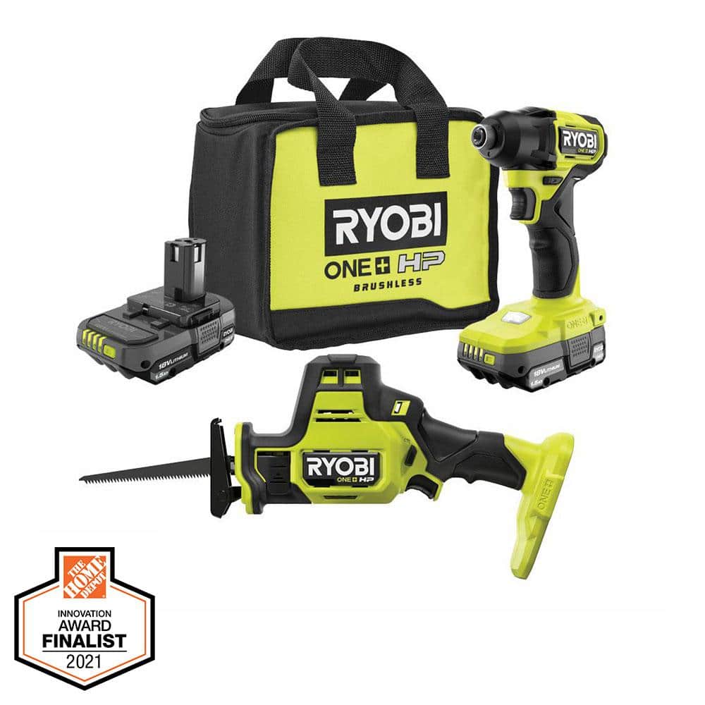 RYOBI ONE+ HP 18V Brushless Cordless Compact 1/4 in. Impact Driver and One-Handed Recip Saw Kit with (2) Batteries, Charger