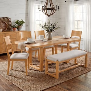 Natural Extendable Wood Top Dining Table Set Seats 6 with Removable Leaf, 4 Beige Linen Upholstered Chairs, 1 Bench