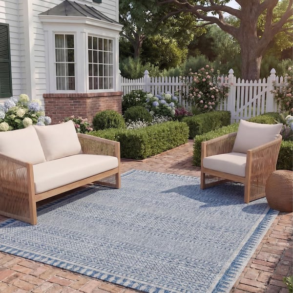 Courtyard Navy/Gray 8 ft. x 11 ft. Border Geometric Striped Indoor/Outdoor Area Rug