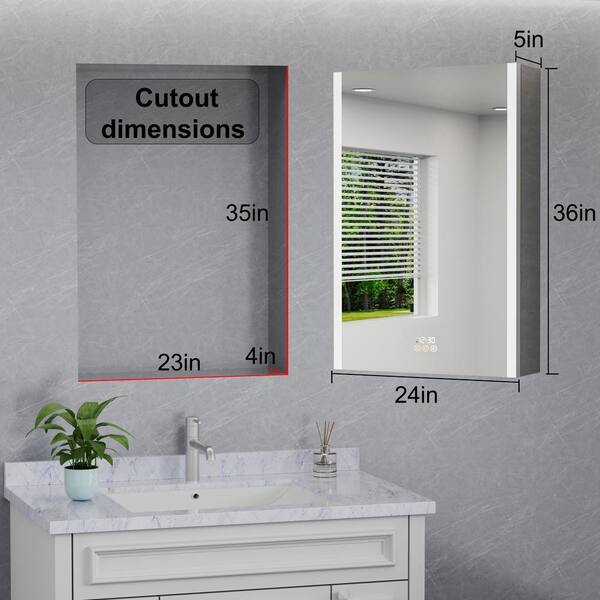 HBEZON Eos 24 in. W x 36 in. H Rectangular Aluminum Surface/Recessed Medicine Cabinet with Mirror and Light, Left Hinge