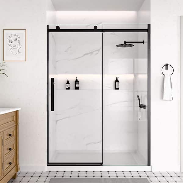 46 to 48 in. W x 74 in. H Soft-Close Frameless Sliding Shower Door in Matte Black with 5/16 in.SGCC Tempered Clear Glass