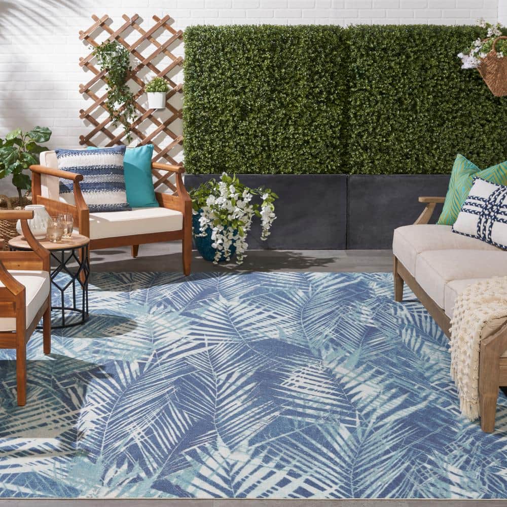 Navy Blue Tropical Leaf Pattern Indoor/Outdoor Rug, 10' x 13'