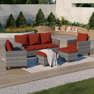 5-Piece Outdoor Patio Conversation Set Widened Back and Arm Gray Rattan Three-Seat Sofa Two Ottomans, Rust Red