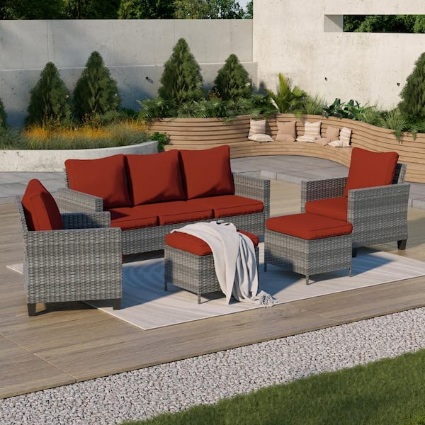 Sonkuki 5-Piece Outdoor Patio Conversation Set Widened Back and Arm Gray Rattan Three-Seat Sofa Two Ottomans, Rust Red