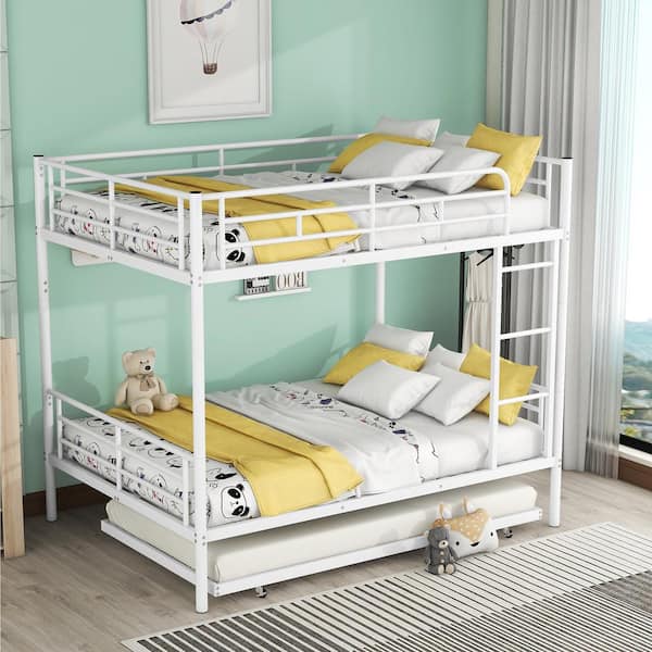Polibi Full over Full Metal Bunk Bed with Trundle, White