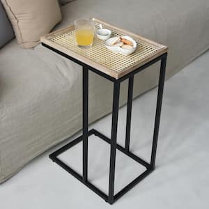 25.25'' Tall Tray Top C Metal Rattan Top End Table, Natural/Black
