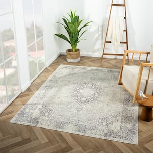 Melody Gray/Ivory 2 ft. x 5 ft. Contemporary Power-Loomed Medallion Rectangle Area Rug