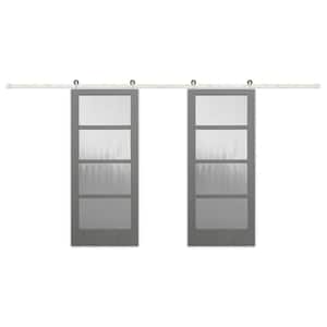 72 in. x 84 in. 4-Lite Clear Coat Driftwood Mist Lite Interior Sliding Barn Door with Satin Nickel Hardware Kit